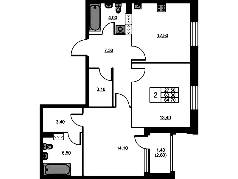 2-комнатная квартира 64.7 м², 9/13 эт., ЖК «Тайм Сквер»